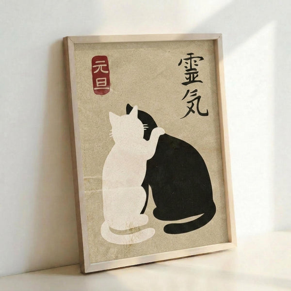 May include: Framed artwork leaning against white wall showing two cats - one white, one black - sitting back-to-back in yin yang formation on textured beige background. Red square seal and black Japanese characters in upper corners. Natural wood frame with shallow depth. Soft lighting creates gentle shadows on wall.