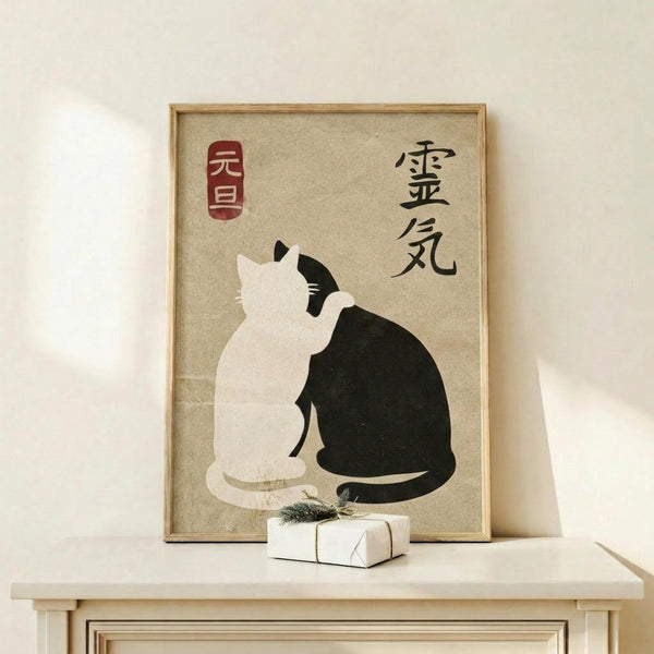 May include: Framed poster with beige background featuring two cats in yin-yang formation - one white cat and one black cat sitting together with tails curved around each other. Japanese characters appear in black ink on the right side with a red seal stamp on the left. The wooden frame sits on a light wood shelf next to a small wrapped white gift box with evergreen sprig. Minimalist room setting with white walls.