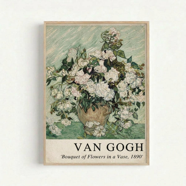 A framed art print showing Van Gogh's floral still life painting featuring white roses and pink flowers in a brown ceramic vase against a green textured background. The artwork displays Van Gogh's characteristic bold brushstrokes and vibrant colors. Below the image is text reading "VAN GOGH" and "Bouquet of Flowers in a Vase, 1890" on a cream background. The print is displayed in a simple light wood frame against a white wall.