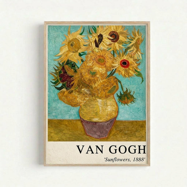 A reproduction of Van Gogh's famous sunflowers painting in a light wooden frame hanging on a white wall. The artwork shows vibrant yellow sunflowers in various stages of bloom arranged in a ceramic vase against a turquoise background. The painting displays Van Gogh's characteristic thick, expressive brushstrokes and bold color palette. Text below the image reads "VAN GOGH" and "Sunflowers, 1888" in black letters on a white border.