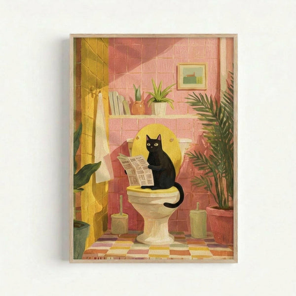 Framed illustration showing a black cat with yellow eyes sitting on a white toilet while reading a newspaper. The bathroom scene features coral pink tiled walls, yellow curtains, plants on a shelf including a small cactus, a small framed artwork, checkered floor tiles in warm tones, and a large palm plant. The artwork has a retro, mid-century modern style with warm peachy and golden lighting throughout the cozy interior space.