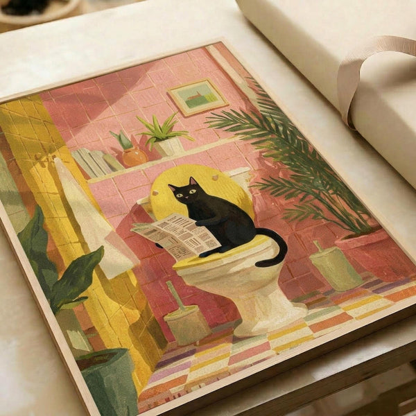 May include: Vintage-style illustration print displayed in open book or portfolio showing black cat sitting on yellow toilet reading newspaper in retro pink-tiled bathroom with houseplants, framed artwork on walls, and warm coral and yellow color palette in mid-century modern artistic style