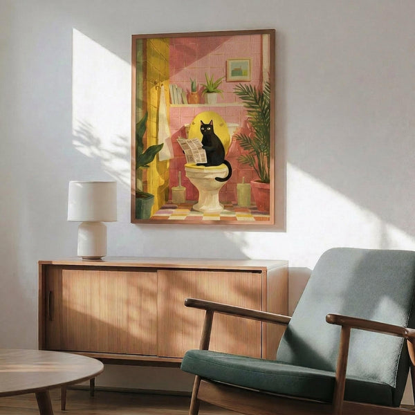 May include: Framed poster print featuring a black cat with yellow halo sitting on white toilet reading newspaper in colorful bathroom with pink tiled walls, plants on shelves, and checkered floor. Shown hanging above wood credenza with white table lamp in mid-century modern living room with sage green armchair and round coffee table.