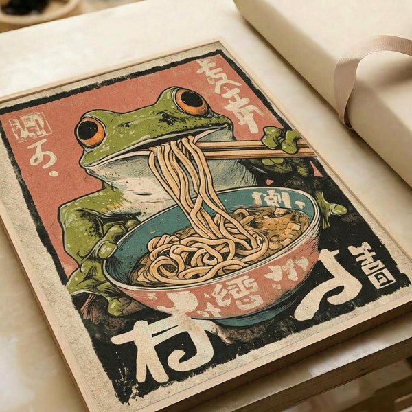 Vintage-style Japanese poster print featuring a green frog with large orange eyes eating noodles from a ramen bowl using chopsticks. The illustration has a retro color palette with coral pink, teal, and cream tones, surrounded by Japanese text characters. The artwork is displayed on white paper with a subtle textured appearance, positioned on what appears to be a light wooden surface.