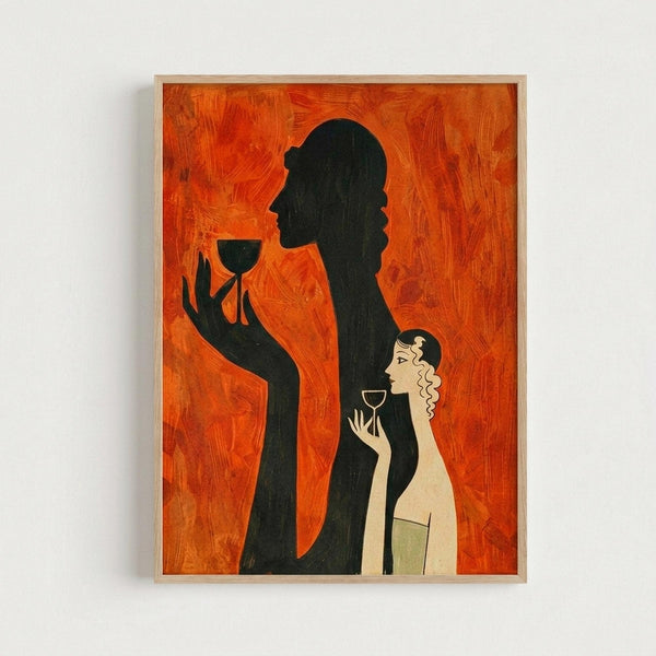 Framed art print with vibrant orange background showing black silhouettes of two figures holding wine glasses. One figure is completely in shadow while the other shows a woman with curly blonde hair in profile, wearing what appears to be 1920s style clothing. The artwork has an Art Deco aesthetic with bold contrasting colors and geometric styling. The piece is displayed in a light wood frame against a white wall.