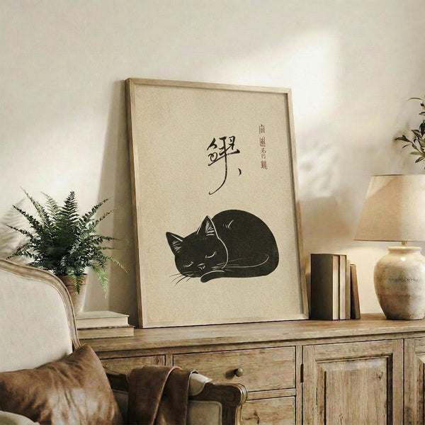 May include: Framed beige poster with black illustration of sleeping curled cat and Japanese characters, displayed on rustic wooden sideboard next to fern plant, books, ceramic vase, and brown leather chair in warm-toned living room with white walls