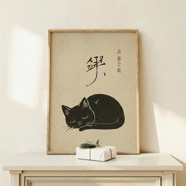May include: Framed vintage-style poster featuring a curled black cat sleeping peacefully with Japanese calligraphy characters above, displayed on light wood shelf next to small white wrapped gift with evergreen sprig. Cream textured background, natural wood frame, minimalist styling.
