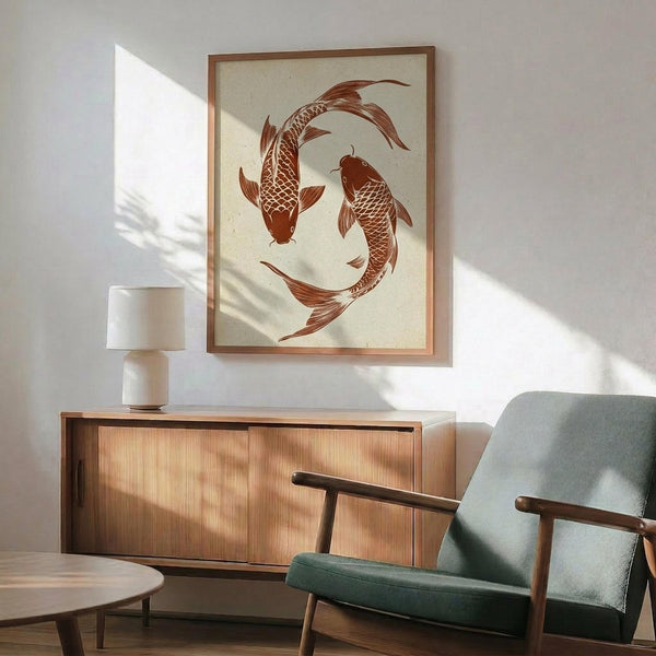 May include: Framed poster featuring two orange-red koi fish arranged in circular yin yang formation on cream background, displayed above mid-century modern walnut credenza with white ceramic lamp, next to sage green upholstered armchair with wooden frame, warm sunlight casting shadows across white wall in minimalist living room setting