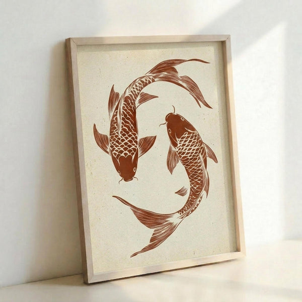 May include: Framed art print featuring two koi fish in reddish-brown ink forming a circular yin-yang pattern on cream textured paper. The fish show detailed scales and flowing fins, displayed in a light wooden frame leaning against a white wall with soft natural lighting creating shadows.