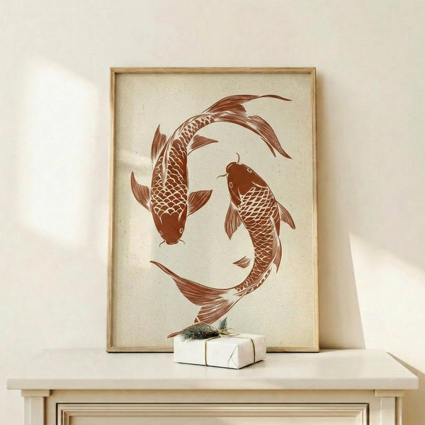May include: Framed poster print featuring two rust-colored koi fish arranged in a circular, yin-yang pattern on cream textured paper background. Natural wood frame displayed on light wooden console table against white wall. Small white wrapped gift box with green sprig placed in front of frame. Warm natural lighting creates soft shadows.