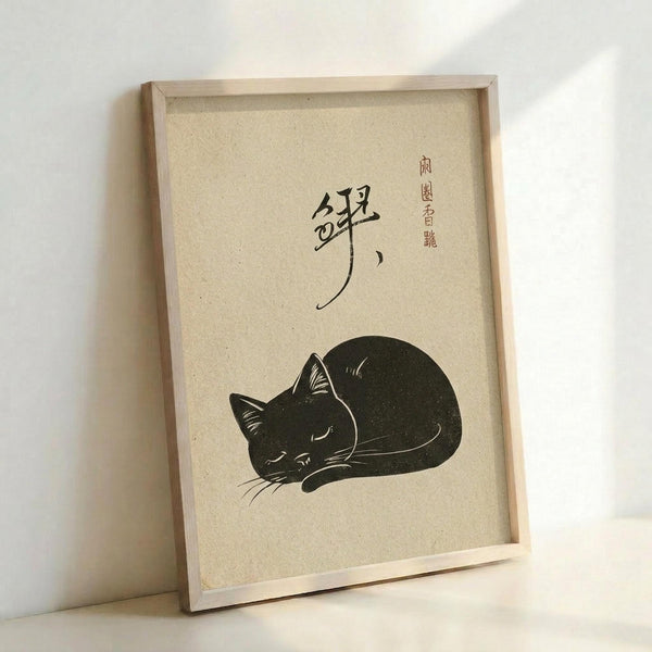 May include: Framed vintage-style Japanese art print featuring a sleeping black cat curled up with closed eyes and visible whiskers, accompanied by Japanese calligraphy characters above. The artwork is printed on cream-colored textured paper within a light wood frame, leaning against a white wall on what appears to be a light wooden surface. The illustration uses a minimalist black ink style characteristic of traditional Japanese woodblock prints.