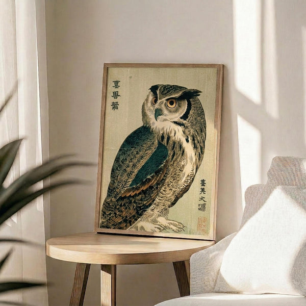 May include: Framed Japanese woodblock print of an owl with detailed brown and teal feathers, bright orange eyes, displayed on a round wooden side table next to a beige upholstered chair. Natural sunlight streams across the neutral-toned room setting, creating soft shadows on white walls.