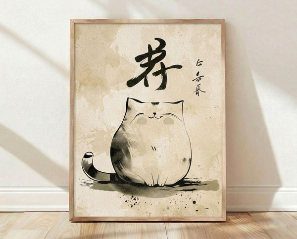 May include: Framed poster print featuring a minimalist ink wash painting of a round, content cat sitting with closed eyes and small smile. Japanese calligraphy characters appear above the cat in black brush strokes. The artwork has a cream background with subtle texture and ink splatters. Natural wood frame sits on light wooden floor against white wall with soft shadows.