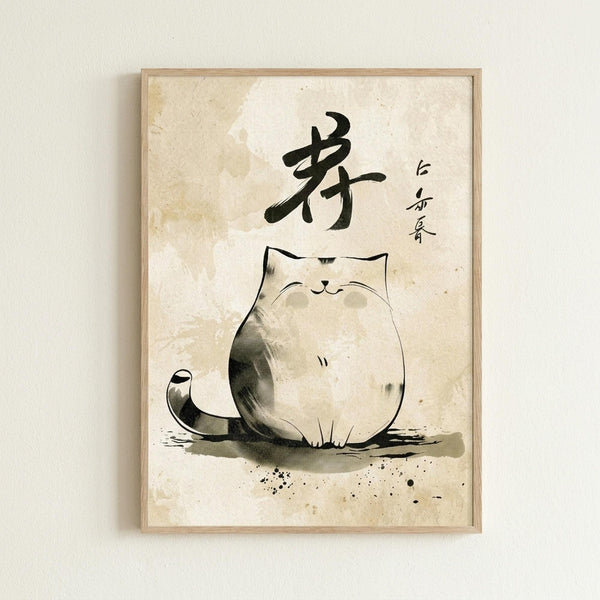 May include: Framed artwork hanging on beige wall showing minimalist ink painting of plump sitting cat in muted gray and beige tones with black Japanese calligraphy character above, displayed in light wood frame against textured aged paper background with subtle ink splatters