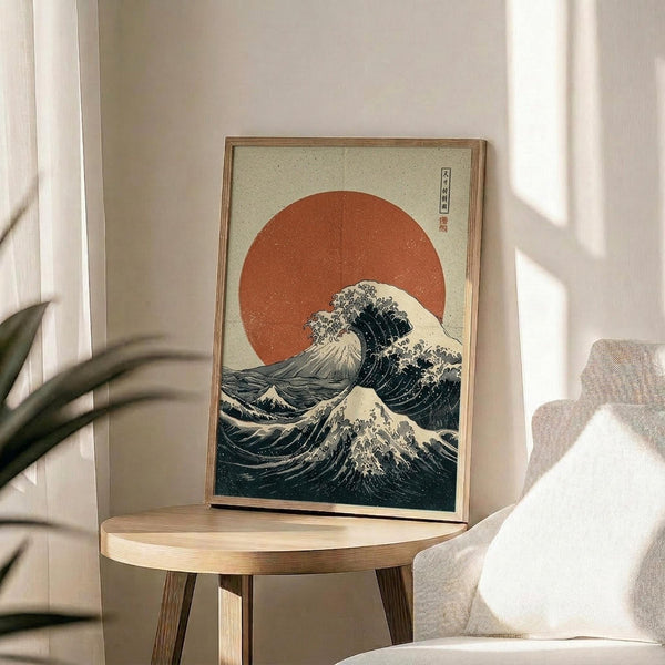 May include: Framed poster print of Hokusai's iconic Great Wave with large red sun, displayed on small round wooden side table next to beige upholstered chair. Natural sunlight streams across white walls creating geometric shadows. Green plant leaves visible in corner. Print shows dramatic blue and white ocean waves against cream background in thin light wood frame.