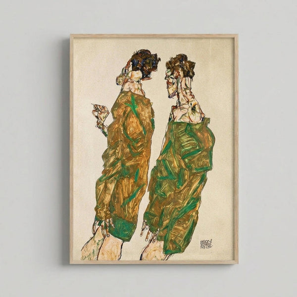 May include: Framed art print hanging on white wall showing two elongated figures in green and brown garments with dark hair, drawn in expressive line work characteristic of early 20th century Austrian art. The artwork features earth-tone colors on cream paper within a light wood frame.