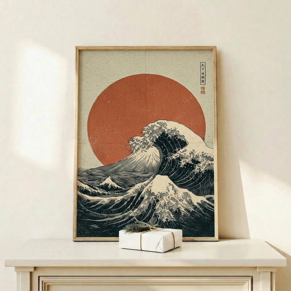 May include: Framed Japanese-inspired art print featuring large ocean wave with white foam crashing beneath orange-red circular sun on cream speckled background, displayed on light wood surface with small white wrapped gift box, leaning against white wall with natural lighting and shadows