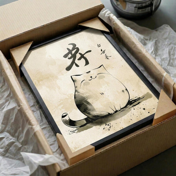 May include: Framed Japanese zen cat artwork displayed in cardboard packaging with protective wrapping. The minimalist ink brush painting shows a sleeping cat in black and gray tones with Japanese calligraphy characters above. Black frame sits in brown shipping box surrounded by white tissue paper, with wooden scroll tubes visible nearby and ink stone in background, creating an authentic Asian art presentation.