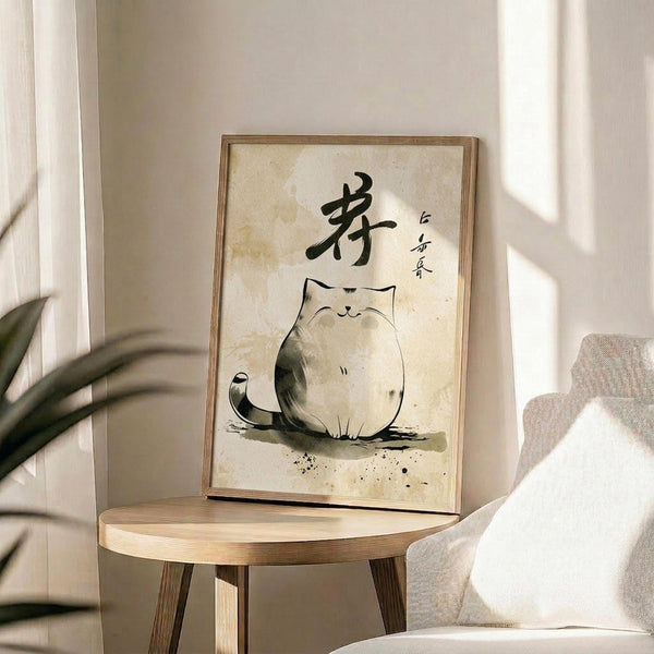 May include: Framed Japanese-style watercolor artwork featuring a round, sitting cat with simple line art face and striped tail, rendered in muted gray and beige tones with black calligraphy characters above. The piece is displayed in a light wood frame on a circular wooden side table next to a beige upholstered chair, with plant leaves visible in soft natural lighting.