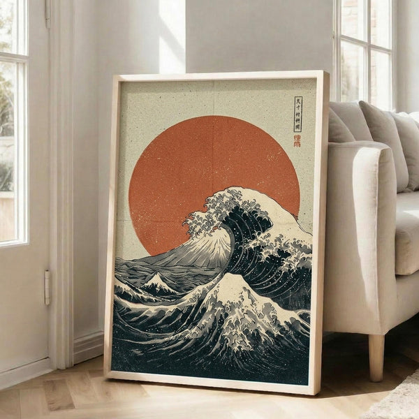 May include: Framed Japanese-style artwork featuring a large dark blue ocean wave with white foam against a bright orange-red circular sun on a cream background with speckled texture, displayed in a light wood frame leaning against white wall next to beige upholstered chair in bright living room with hardwood floors and large windows