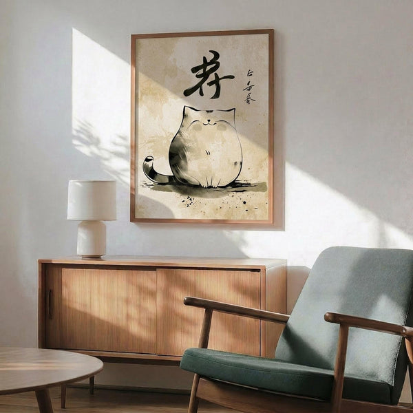 May include: Framed poster featuring a round, content cat in watercolor style with black Japanese calligraphy characters above, displayed on white wall above mid-century modern wood sideboard with table lamp, next to sage green upholstered armchair with wooden frame in sunlit room