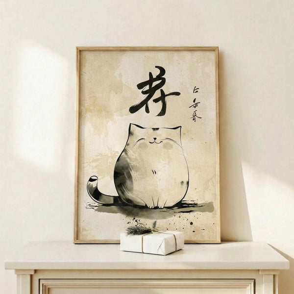 May include: Framed zen-style artwork featuring a round, content cat sitting in meditation pose beneath bold Japanese calligraphy characters, rendered in black ink wash technique on aged beige paper. Light wood frame displayed on pale wooden shelf beside small white wrapped gift with evergreen sprig. Soft natural lighting against cream wall creates minimalist, peaceful atmosphere.