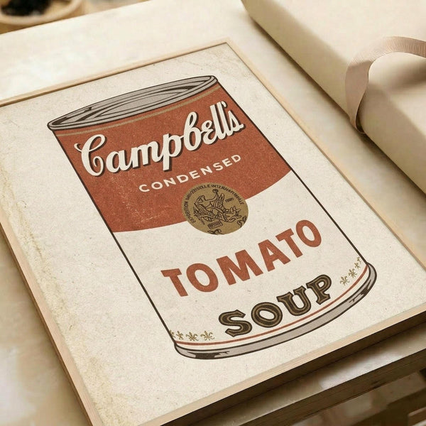 May include: Vintage-style Campbell's tomato soup can poster print displayed in cream matted frame on wooden surface. Red and white retro design with condensed soup label artwork featuring ornate gold seal. Warm beige ribbon visible alongside framed print in styled home setting.