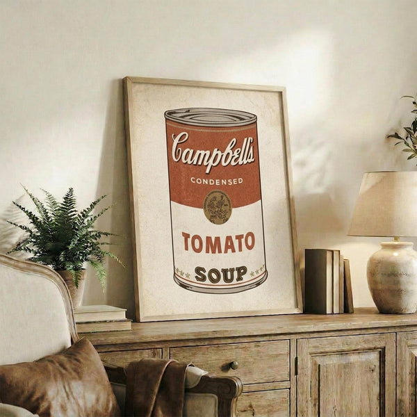 May include: Framed vintage-style Campbell's tomato soup can print in warm red and cream colors, displayed on rustic wooden sideboard with books, ceramic vase, and fern plant in cozy living room setting with beige chair and neutral walls.