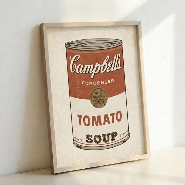 May include: Framed poster print of Campbell's tomato soup can in Andy Warhol pop art style, featuring red and white label design with vintage typography, displayed in light wooden frame against white wall with natural lighting creating soft shadows
