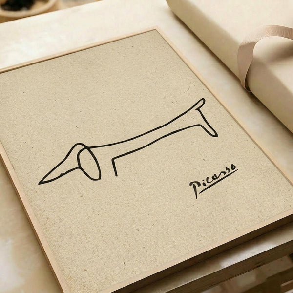 May include: Minimalist line drawing of a dachshund in black ink on beige textured paper, signed "Picasso" in the bottom right corner. The simple continuous line sketch shows the elongated dog in profile with characteristic long body and short legs. The artwork is displayed on a light wooden frame against neutral fabric wrapping paper with a beige ribbon visible in the corner.