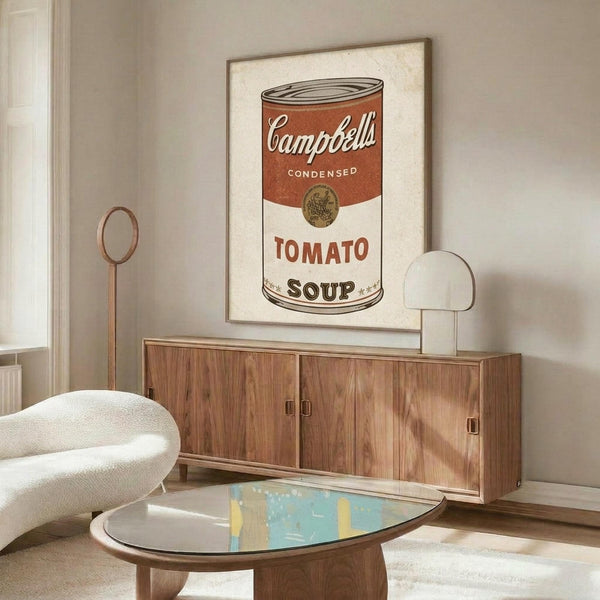 May include: Framed Andy Warhol-style Campbell's tomato soup can print hanging above a mid-century modern walnut credenza in a minimalist living room. The vintage pop art poster features a red and white soup can design in a thin brown frame. Room styled with cream upholstered chair, brass floor lamp, oval glass coffee table, and neutral beige walls with natural lighting.