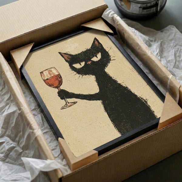 May include: Framed poster print featuring a stylized black cat holding a wine glass filled with red wine, rendered in a sketchy artistic style on cream-colored paper. The artwork is displayed in a black frame, partially unpacked from a cardboard shipping box with protective tissue paper and wooden packing materials visible around it.