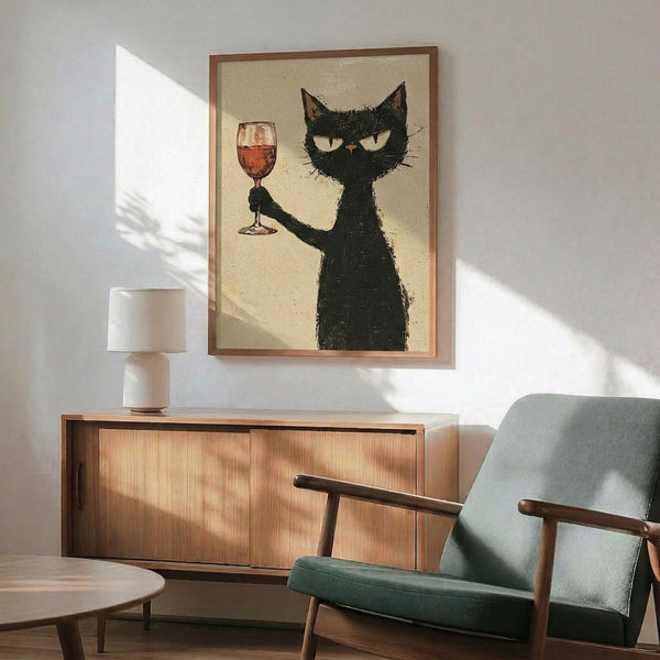 May include: Framed poster showing a black cat with white eyes holding up a glass of red wine, displayed above a wooden sideboard with white ceramic lamp in a modern living room with mint green upholstered chair and natural lighting creating shadows on white walls