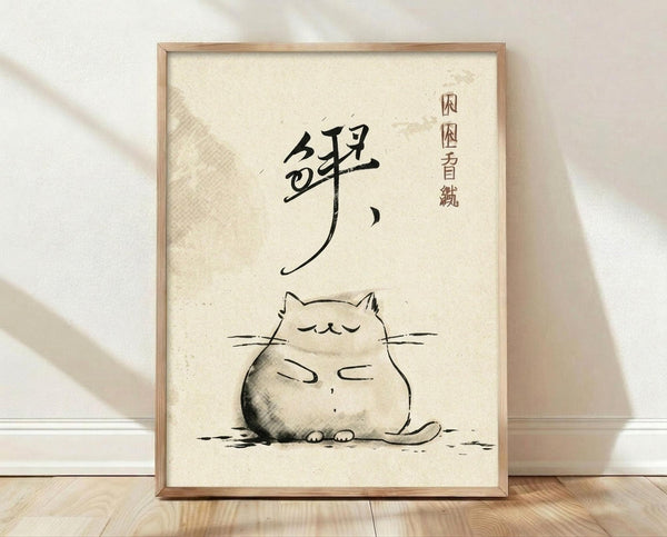 May include: Framed poster print featuring a minimalist ink wash painting of a plump, contented cat sitting with closed eyes and whiskers, rendered in soft black brushstrokes on cream textured paper. Japanese calligraphy characters appear above the cat. The artwork is displayed in a light wood frame, leaning against a white wall on pale wooden flooring with natural window light casting shadows.