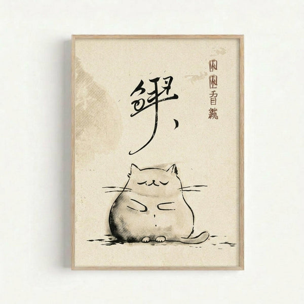 Framed artwork featuring a chubby, sleeping cat rendered in soft gray watercolor brushstrokes in Japanese sumi-e style. Black Japanese calligraphy characters appear above the peaceful feline on cream-colored textured paper. The piece is displayed in a light wooden frame against a white wall, with subtle shadowing and traditional red seal stamps visible in the upper right corner.