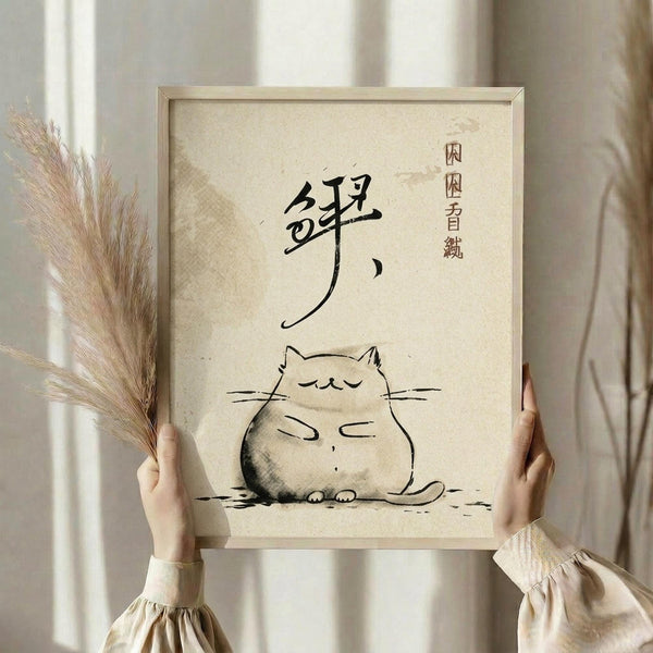May include: Person in cream sweater holding framed poster featuring black brushstroke Japanese calligraphy and minimalist ink drawing of chubby sitting cat with closed eyes on beige textured background. Wooden frame, dried pampas grass visible, neutral home interior with white curtains and soft natural lighting.