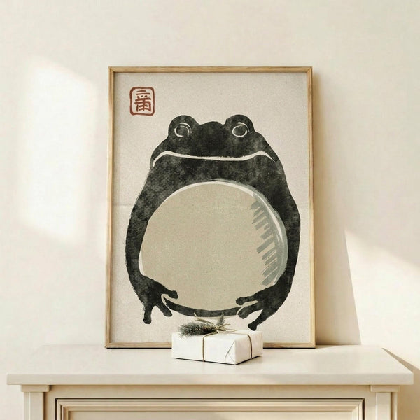 May include: A framed vintage Japanese-style illustration of a plump dark green frog with a cream-colored belly, displayed in a light wooden frame on a pale wooden shelf. The artwork features traditional Asian brushwork techniques with a red seal stamp in the upper left corner. A small white wrapped gift box with natural twine and greenery sits in front of the frame against a soft cream wall background.