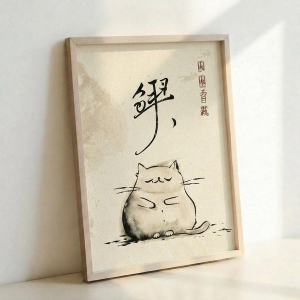 May include: Framed minimalist artwork featuring a chubby, sleeping cat rendered in black ink wash style on cream textured paper, with Japanese calligraphy characters above. The cat has closed eyes, whiskers, and a peaceful expression. Displayed in a light wooden frame leaning against a white wall, casting soft shadows.
