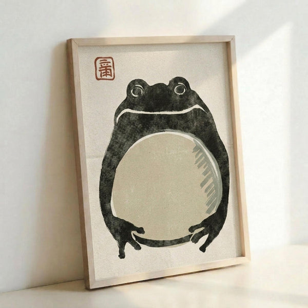 May include: Framed Japanese woodblock print featuring a plump black and white frog with large eyes and white belly, sitting upright. Red Japanese characters appear in upper left corner. The print has vintage beige tones and is displayed in a light wooden frame, leaning against a white wall on what appears to be a light surface.
