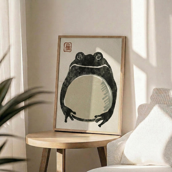 May include: Framed artwork featuring a dark green and black frog with a large pale belly, displayed on a round wooden side table next to a beige upholstered chair. The minimalist print shows traditional Japanese-style brushwork with a red seal stamp in the upper corner. Natural sunlight creates soft shadows across the neutral-toned room setting with a plant visible in the background.