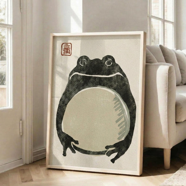 May include: Framed artwork featuring a traditional Japanese-style illustration of a dark green frog with a large cream-colored belly, sitting upright with bulging eyes and webbed feet. The piece has a beige background with a red square seal in the upper left corner, displayed in a light wood frame leaning against white walls near a beige upholstered chair in a bright, modern living room with large windows.