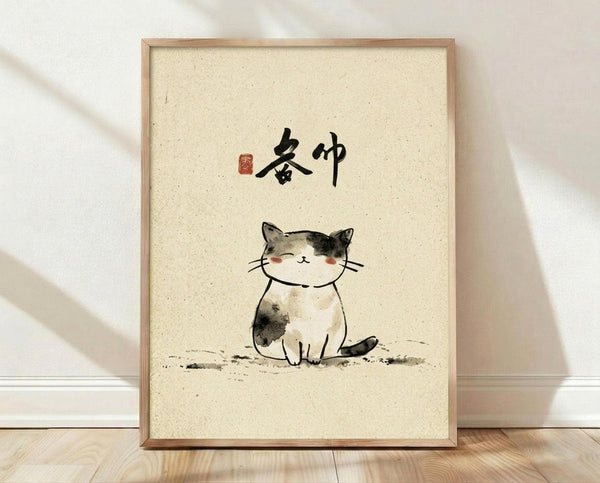 May include: A framed poster print in a light wood frame leaning against a white wall on wooden flooring. The artwork features a cute sitting calico cat with closed happy eyes, pink cheeks, and black and gray patches on cream fur, painted in soft watercolor style. Black Japanese calligraphy characters appear above the cat with a small red seal stamp. The background has a textured cream paper appearance with subtle speckled details.