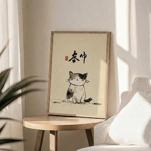 May include: Framed artwork displayed on a round wooden side table next to a beige upholstered chair. The print features a watercolor-style calico cat with black, white and gray patches sitting peacefully with closed eyes, painted on cream-colored textured paper. Black Japanese calligraphy characters appear above the cat with a small red seal stamp. Natural sunlight streams across the minimalist room setting with white walls and green plant leaves visible in the corner.