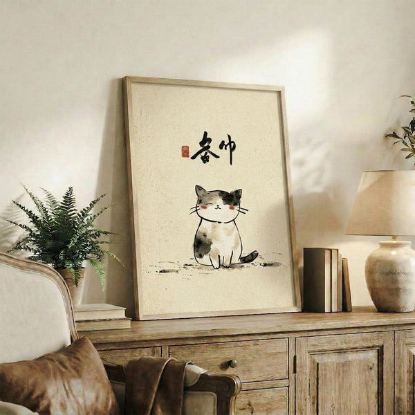 May include: Framed poster with cream background featuring a watercolor-style calico cat with black and white markings sitting peacefully, Japanese calligraphy characters above with red seal stamp. Light wood frame displayed on rustic wooden console table alongside books, ceramic vases, fern plant, and brown leather chair in neutral-toned living room setting.