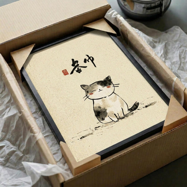 May include: Framed artwork featuring a cute calico cat painted in traditional Japanese ink wash style on cream textured paper, with black calligraphy characters and red stamp seal. The piece sits in a dark wooden frame inside an open cardboard shipping box with protective tissue paper, alongside wooden dowels and an ink container on white fabric.