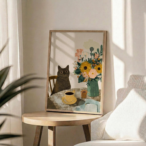 May include: Framed poster print displayed on wooden side table next to beige upholstered chair. Artwork shows black cat sitting at checkered tablecloth table with yellow coffee cup, colorful sunflowers and mixed flowers in green vase, and open book. Illustrated in warm, cozy folk art style with botanical elements. Natural lighting creates soft shadows across neutral room setting with plant leaves visible in corner.