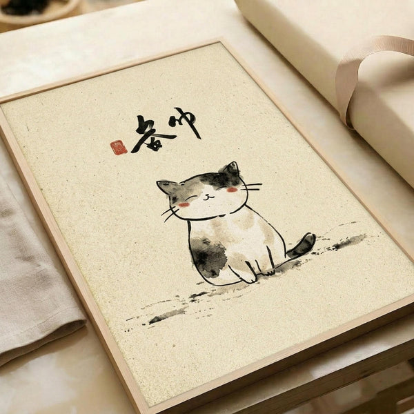A traditional Japanese-style ink wash painting of a cute sitting calico cat with black and gray patches, pink cheeks, and a content expression. The artwork features black calligraphy characters and a red seal stamp in the upper left corner, painted on textured cream paper with loose brushstrokes creating a ground line beneath the cat. The painting is displayed on a wooden frame or board alongside rolled paper scrolls on a light fabric surface.