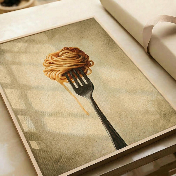 May include: Canvas print displaying spaghetti noodles twirled around a black fork against a muted beige background with vintage texture, shown in white matting alongside white ribbon on a light surface