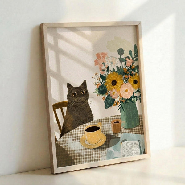 May include: Framed artwork leaning against white wall showing a dark gray tabby cat sitting on wooden chair at checkered tablecloth-covered table. Scene includes yellow coffee cup, small wooden mug, open book, and green vase filled with colorful flowers including yellow sunflowers and pink blooms. Natural window light creates diagonal shadows across the illustration.