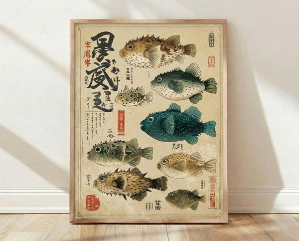 May include: Framed vintage-style Japanese scientific illustration poster leaning against white wall on light wood floor. The beige-toned print features eight detailed pufferfish in various colors including brown, teal, and green, with Japanese calligraphy and red stamps. Natural wood frame surrounds the educational chart showing different fugu species with anatomical precision in traditional ukiyo-e art style.